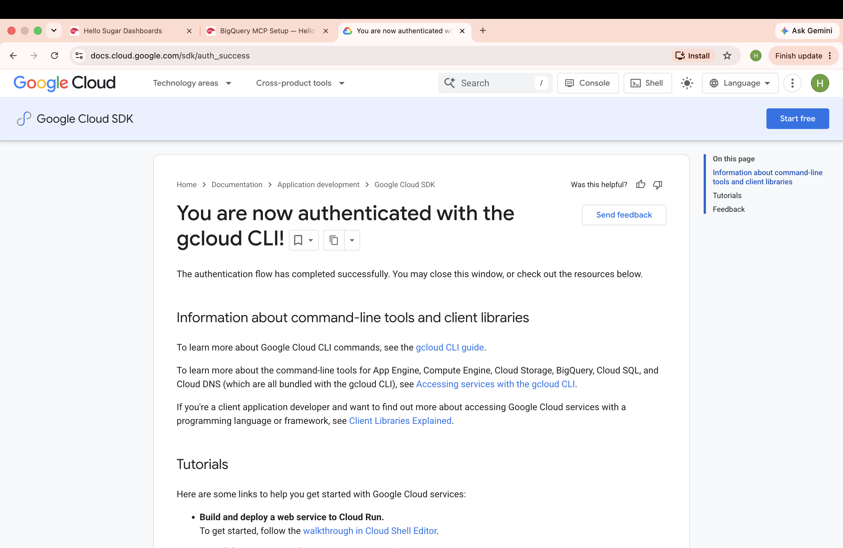 Google Cloud 'You are now authenticated with the gcloud CLI!' success page
